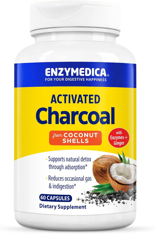 Enzymedica Activated Charcoal Capsules for Gas, Bloating & Indigestion Relief - Natural Detox Support - 60 Count