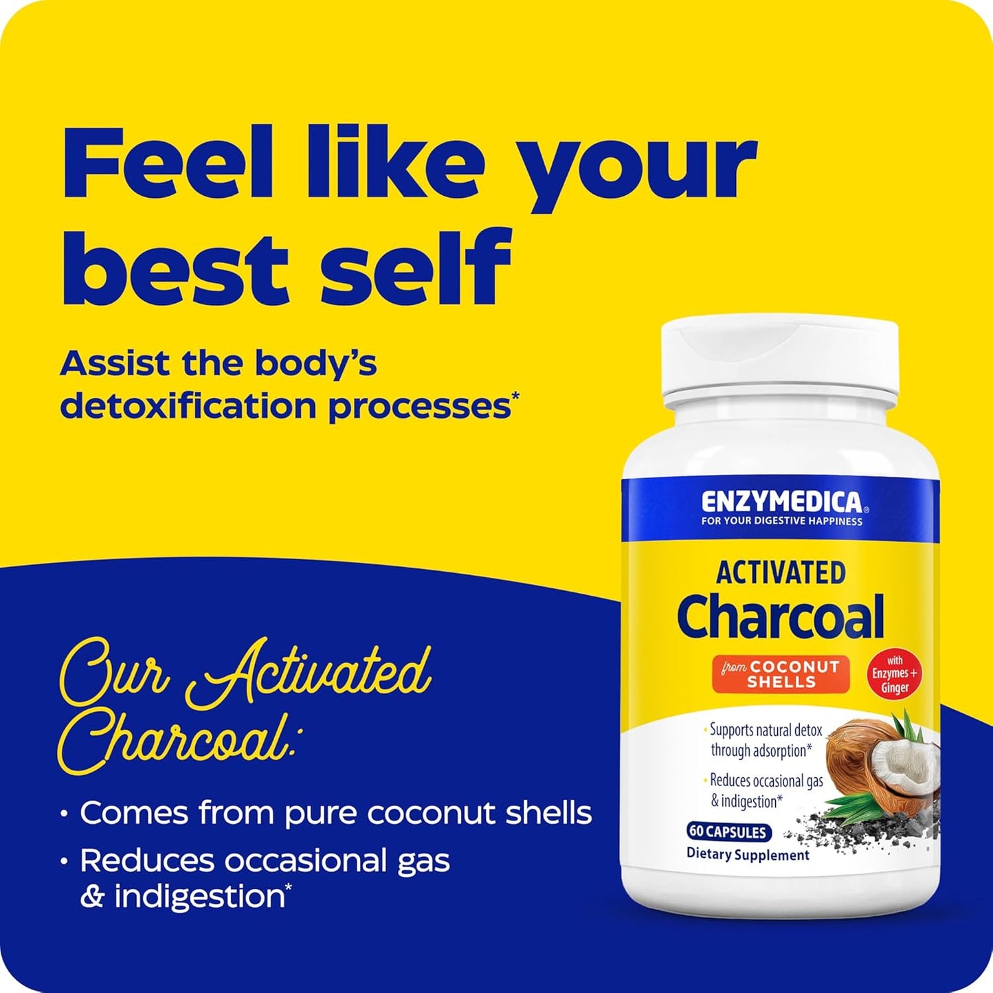 Enzymedica Activated Charcoal Capsules for Gas, Bloating & Indigestion Relief - Natural Detox Support - 60 Count