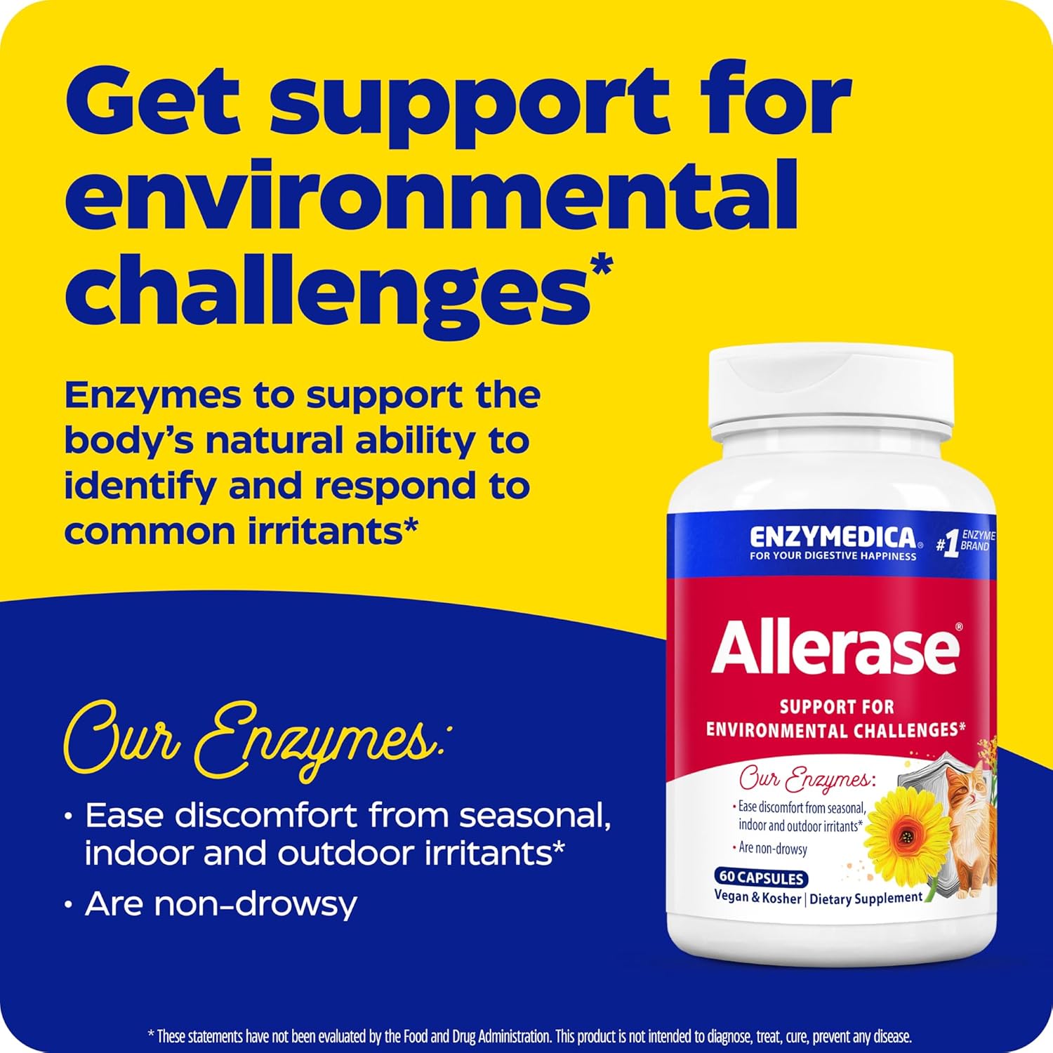 Enzymedica Allerase 60ct Non-Drowsy Enzyme Supplement for Seasonal Mucus Relief