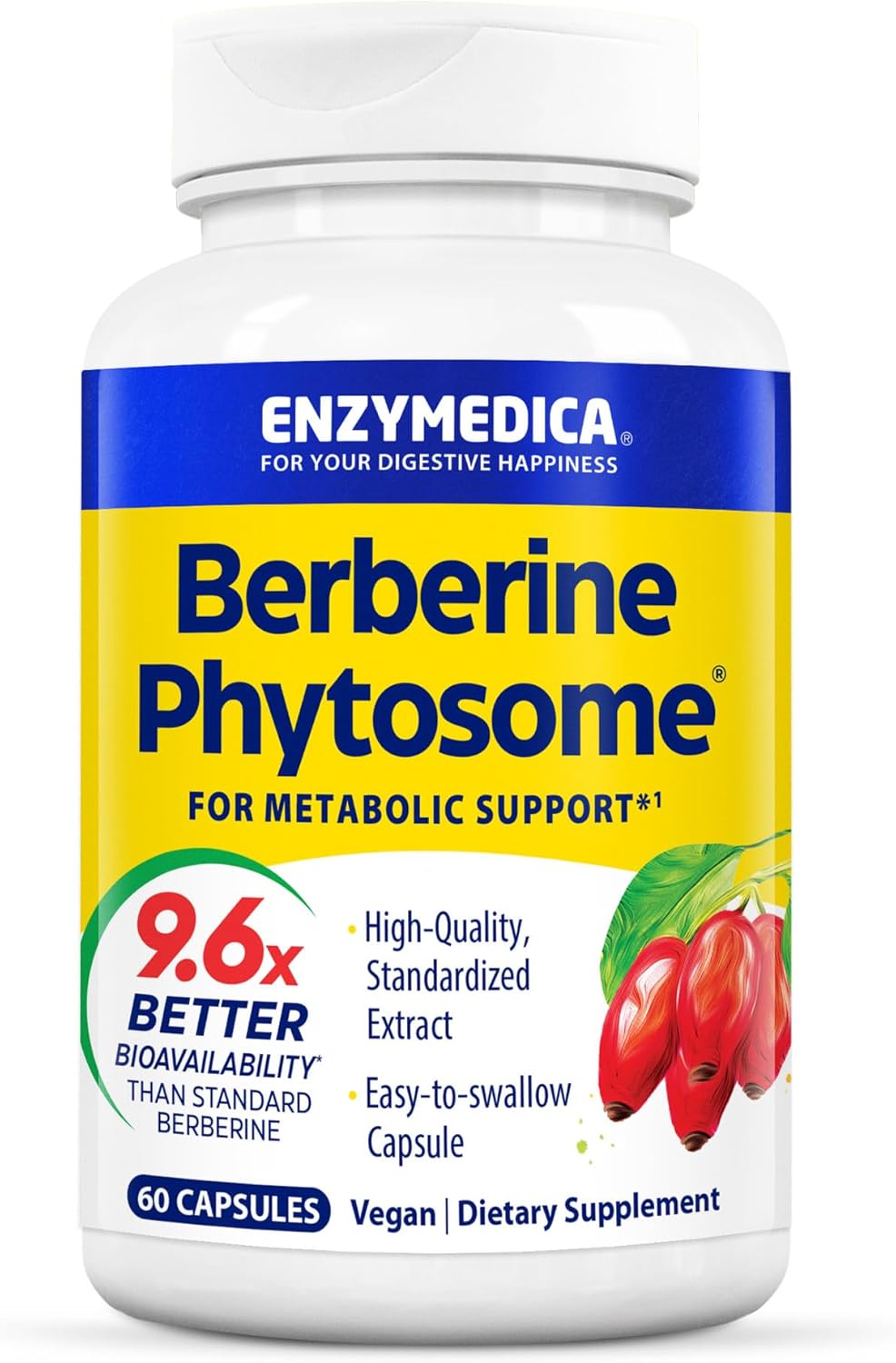 Enzymedica Berberine Phytosome Capsules - High Potency Vegan Metabolic Support Supplement with 9.6X Bioavailability - 60 Count