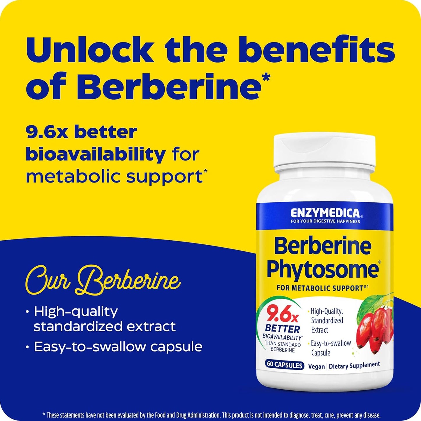 Enzymedica Berberine Phytosome Capsules - High Potency Vegan Metabolic Support Supplement with 9.6X Bioavailability - 60 Count