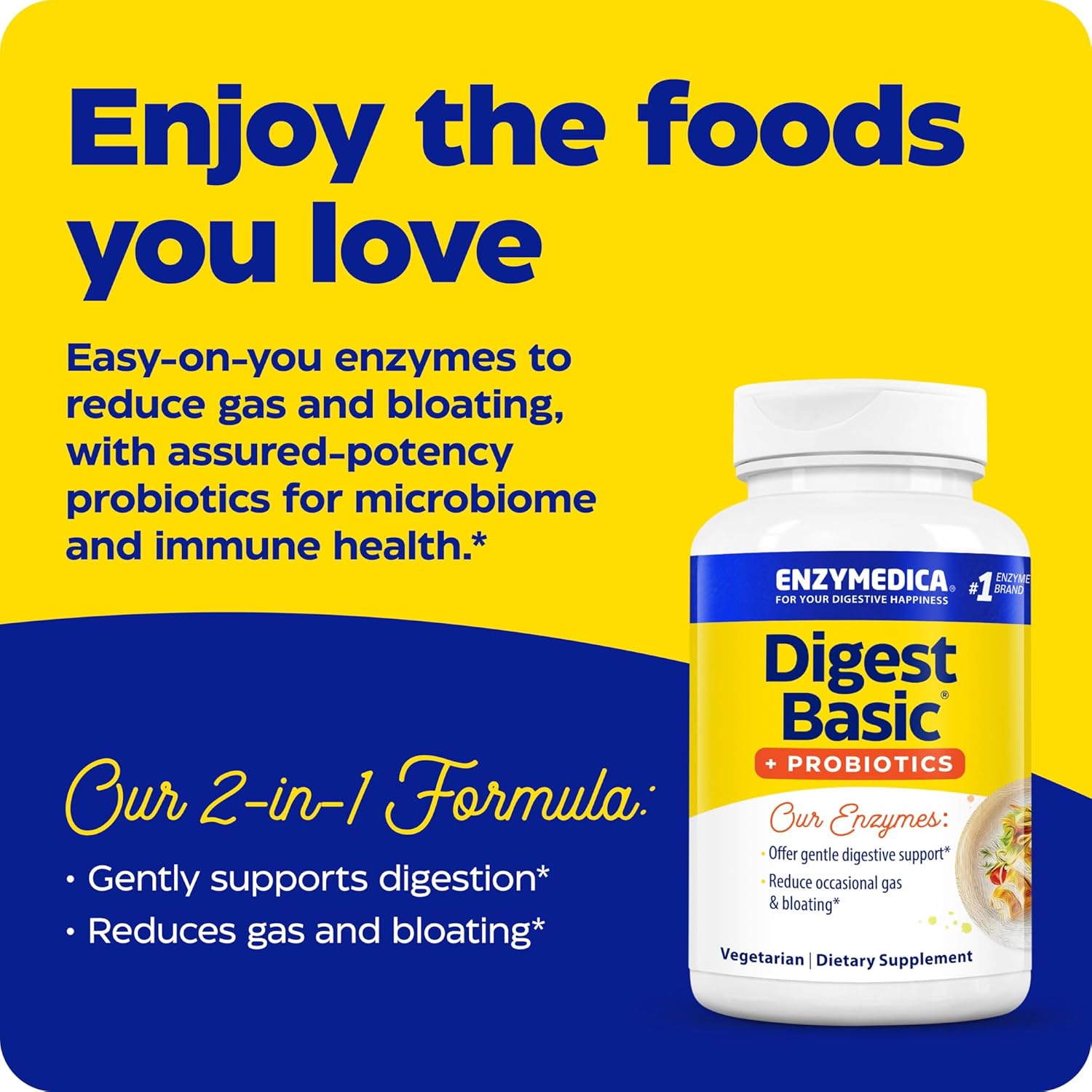 Enzymedica Digest Basic Plus Probiotics 90 Count - Gentle Digestive Enzymes with 400 Million CFU Active Cultures