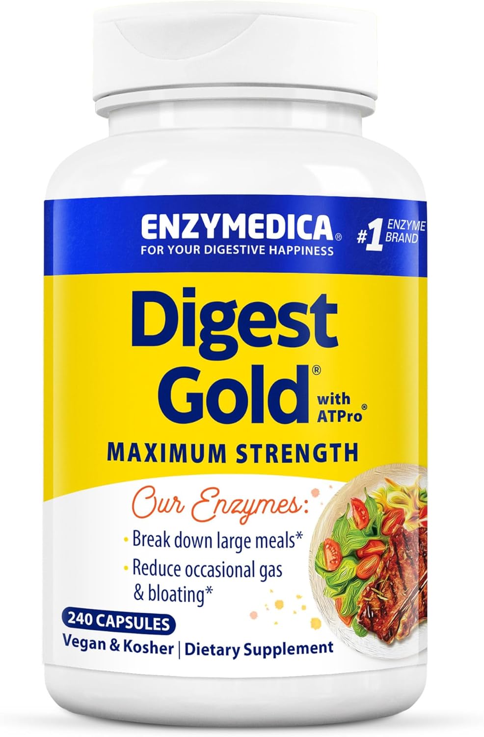 Enzymedica Digest Gold + ATPro 240 Count, Fast-Acting Maximum Strength Digestive Support for Large Meals, Prevents Bloating & Gas