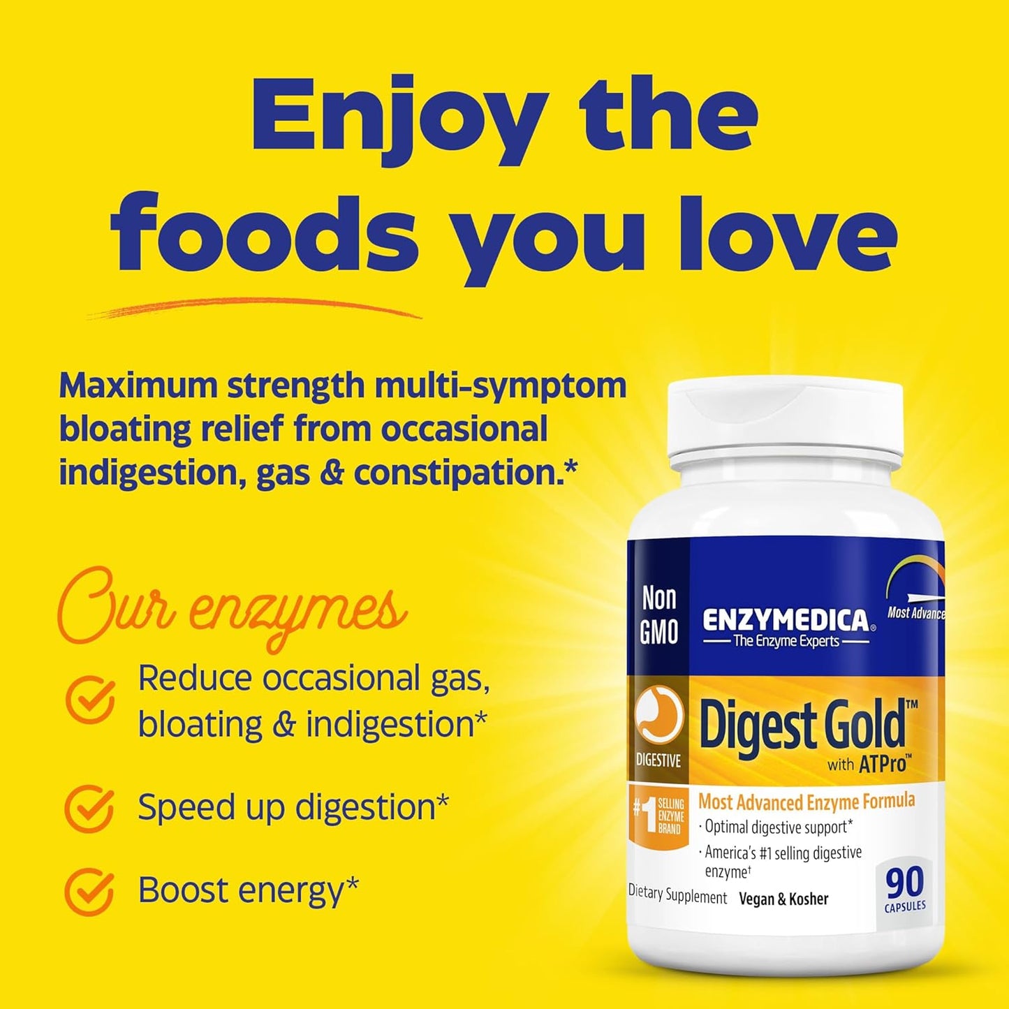 Enzymedica Digest Gold + ATPro 90 Capsules | Maximum Strength Digestive Enzymes for Bloating & Gas Relief, Natural Digestion Support with Amylase, Protease, Lipase, & Lactase