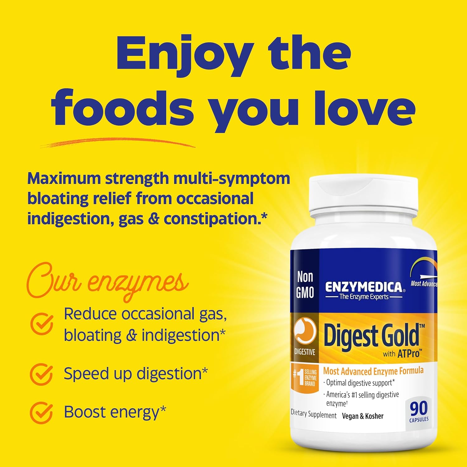 Enzymedica Digest Gold + ATPro 90 Capsules | Maximum Strength Digestive Enzymes for Bloating & Gas Relief, Natural Digestion Support with Amylase, Protease, Lipase, & Lactase