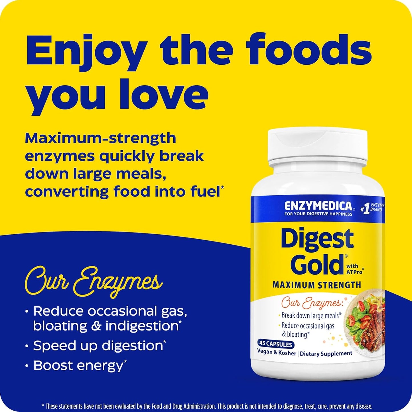 Enzymedica Digest Gold + ATPro Capsules - Maximum Strength for Fast-Acting Digestion of Large Meals, 45 Count