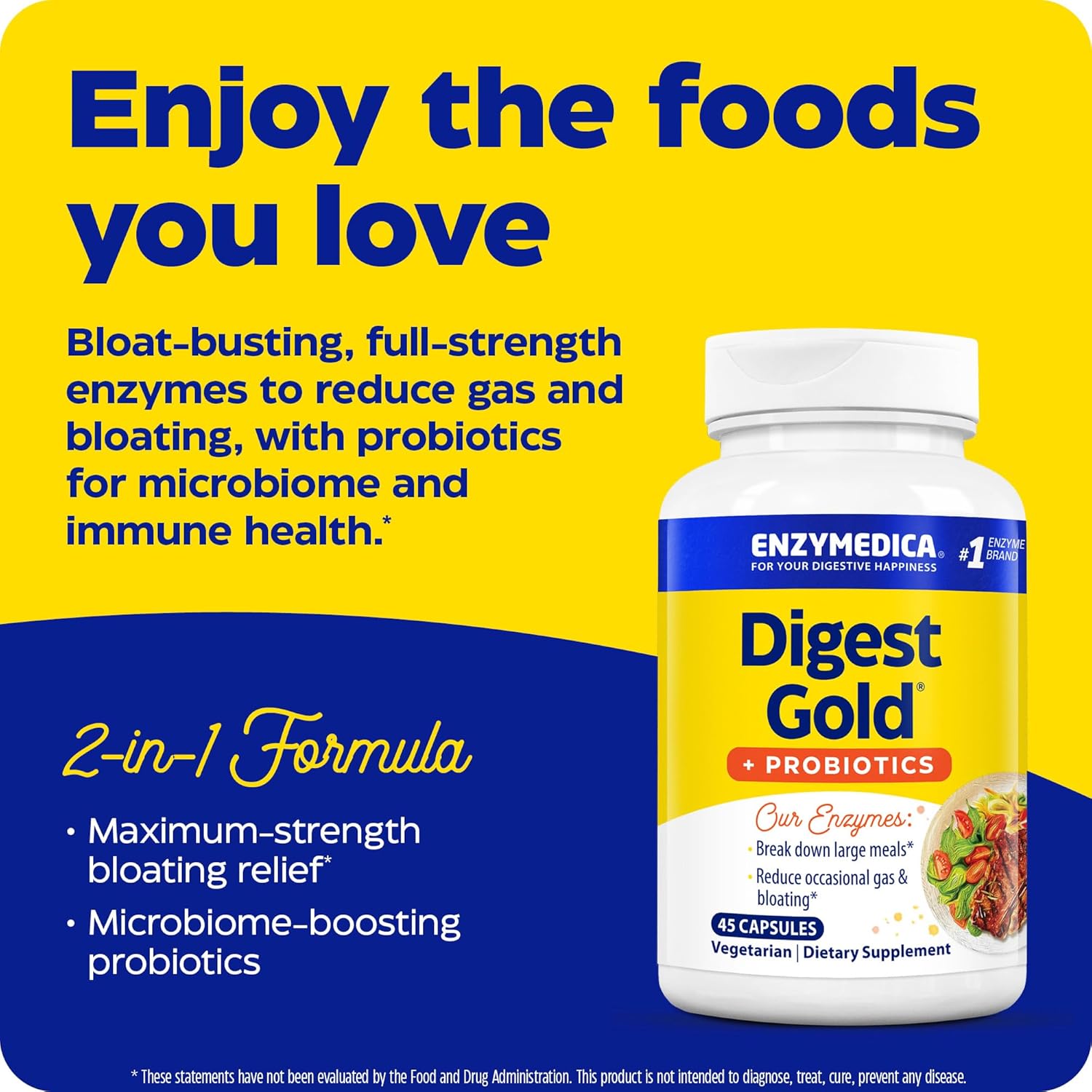 Enzymedica Digest Gold + Probiotics, 45 Count - 2-in-1 Gut Health Formula with Digestive Enzymes & 1.5 Billion Probiotic Cultures