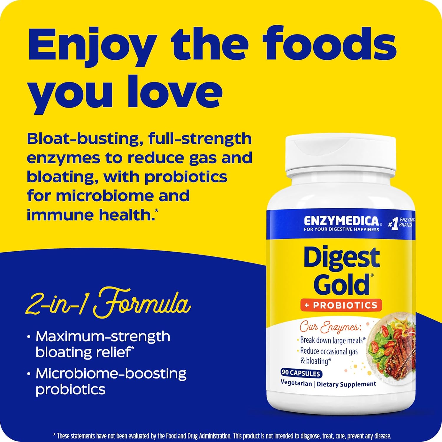 Enzymedica Digest Gold + Probiotics 90 Count - 2-in-1 Formula for Gut Health with Digestive Enzymes & 1.5B Probiotic Cultures