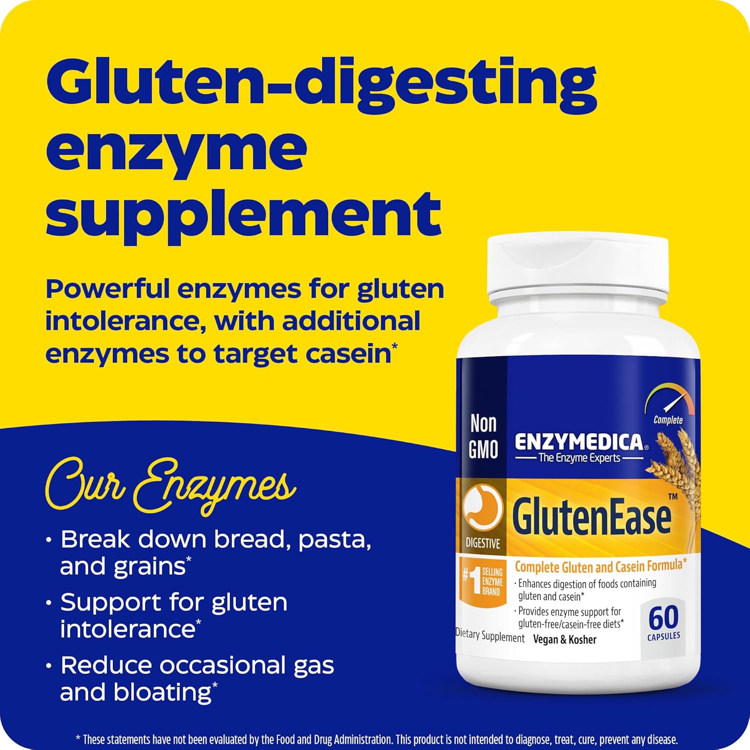 Enzymedica GlutenEase Digestive Enzymes, 60 Capsules for Fast Gas & Bloating Relief