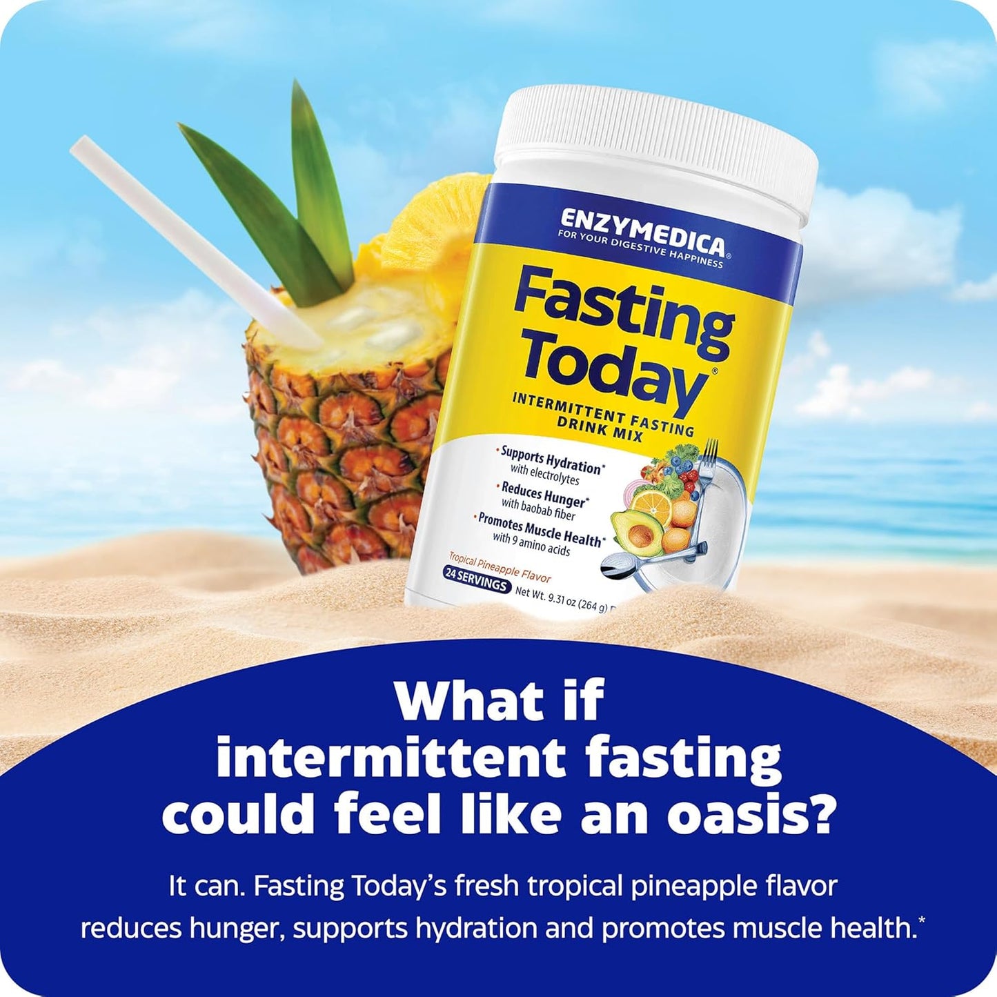 Enzymedica Intermittent Fasting Drink Mix: Electrolyte Powder Supplement for Hydration, Appetite Control & Muscle Health - Keto Friendly, Tropical Pineapple Flavor, 24 Servings