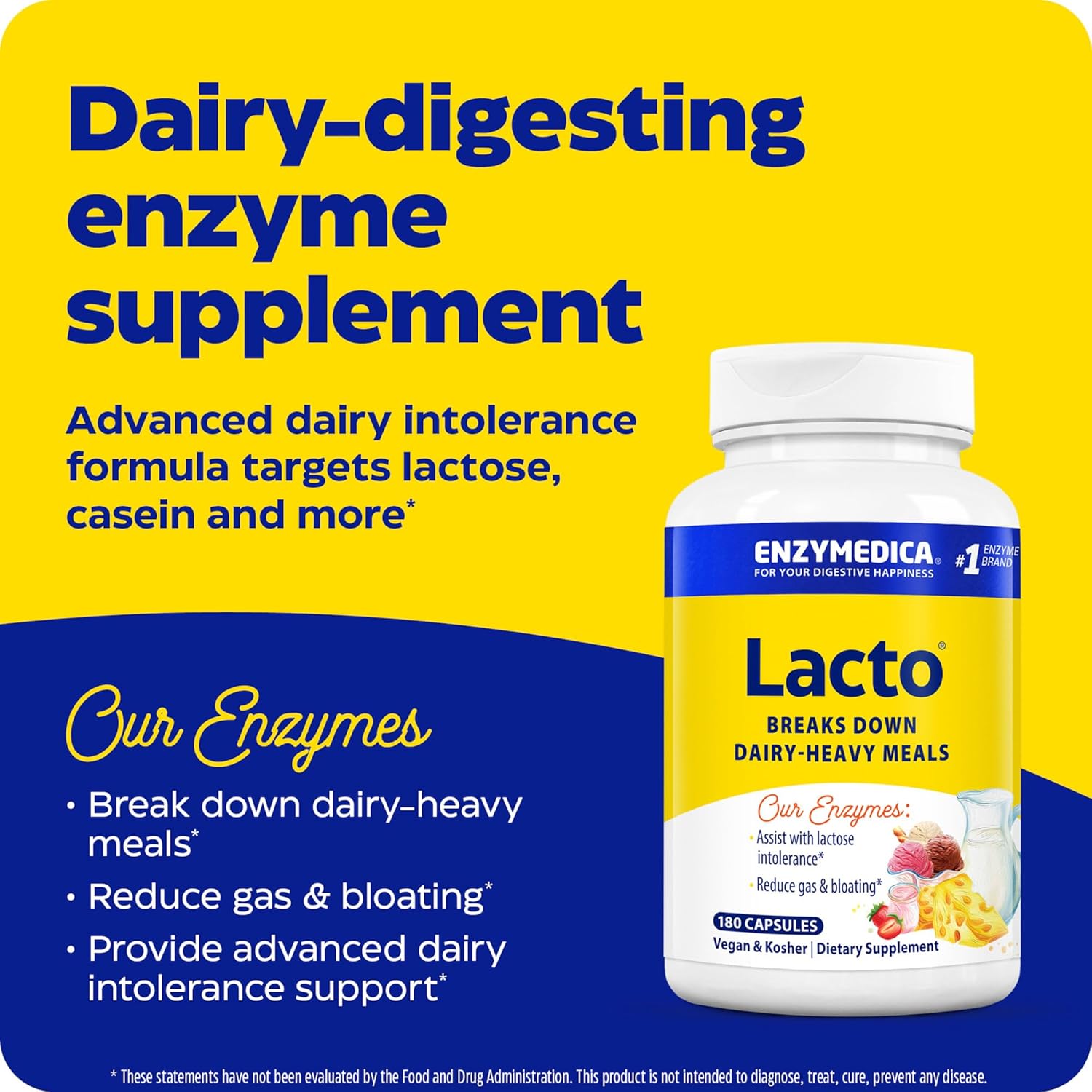 Enzymedica Lacto Digestive Enzymes - Fast-Acting Relief for Gas & Bloating - 180 Count Pack