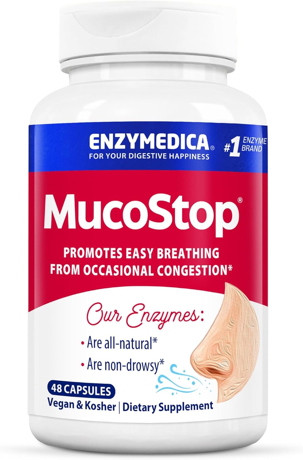 Enzymedica MucoStop Enzyme Support Capsules for Non-Drowsy Congestion Relief, 48 Count
