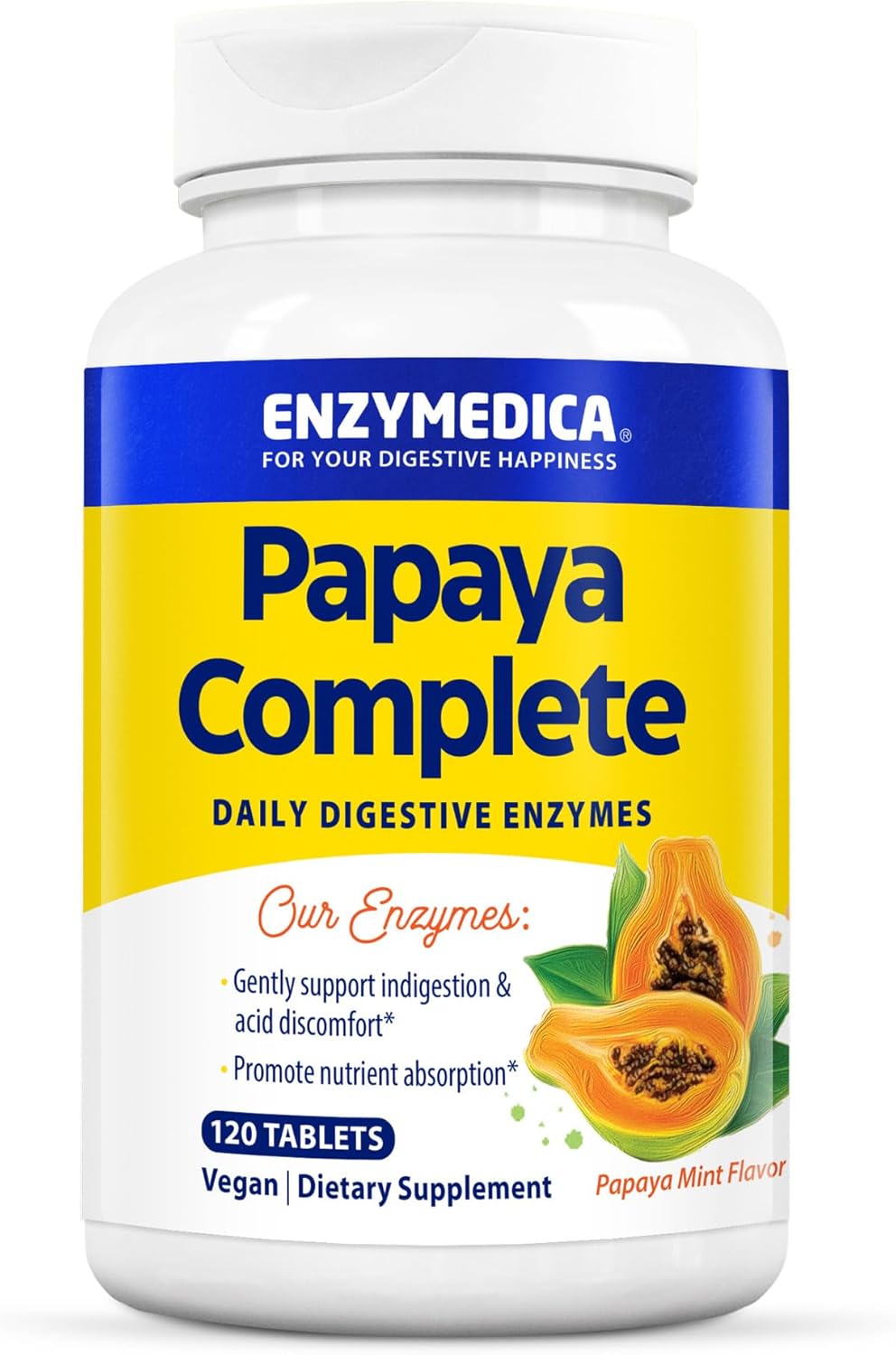 Enzymedica Papaya Complete Chewable Tablets, Vegan Digestive Enzymes with Papaya Juice, Chlorophyll, and Bromelain for Meal Absorption, 120 Mint Flavored Tabs