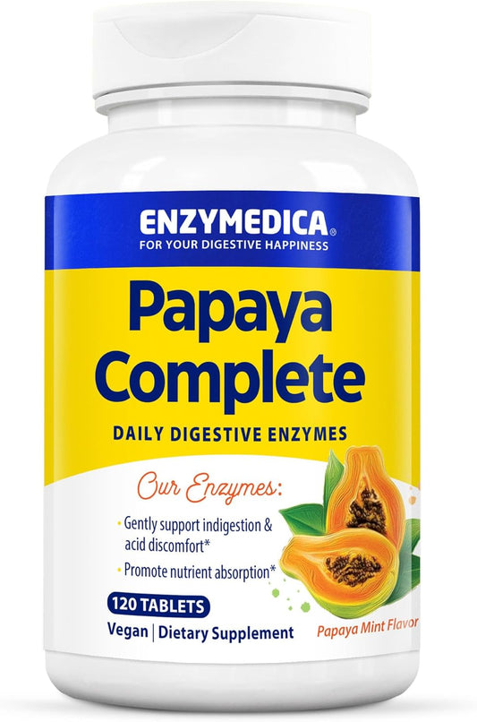 Enzymedica Papaya Complete Chewable Tablets, Vegan Digestive Enzymes with Papaya Juice, Chlorophyll, and Bromelain for Meal Absorption, 120 Mint Flavored Tabs