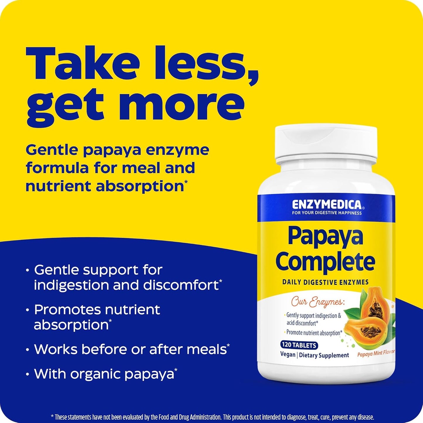 Enzymedica Papaya Complete Chewable Tablets, Vegan Digestive Enzymes with Papaya Juice, Chlorophyll, and Bromelain for Meal Absorption, 120 Mint Flavored Tabs