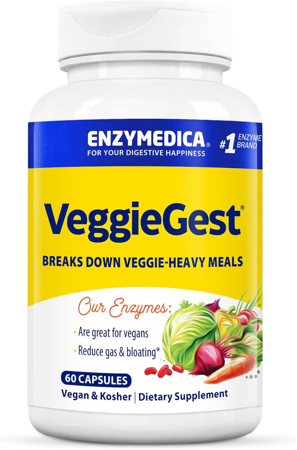Enzymedica VeggieGest Digestive Enzymes - Vegan & Vegetarian Diet Support, Gas & Bloating Relief - 60 Count