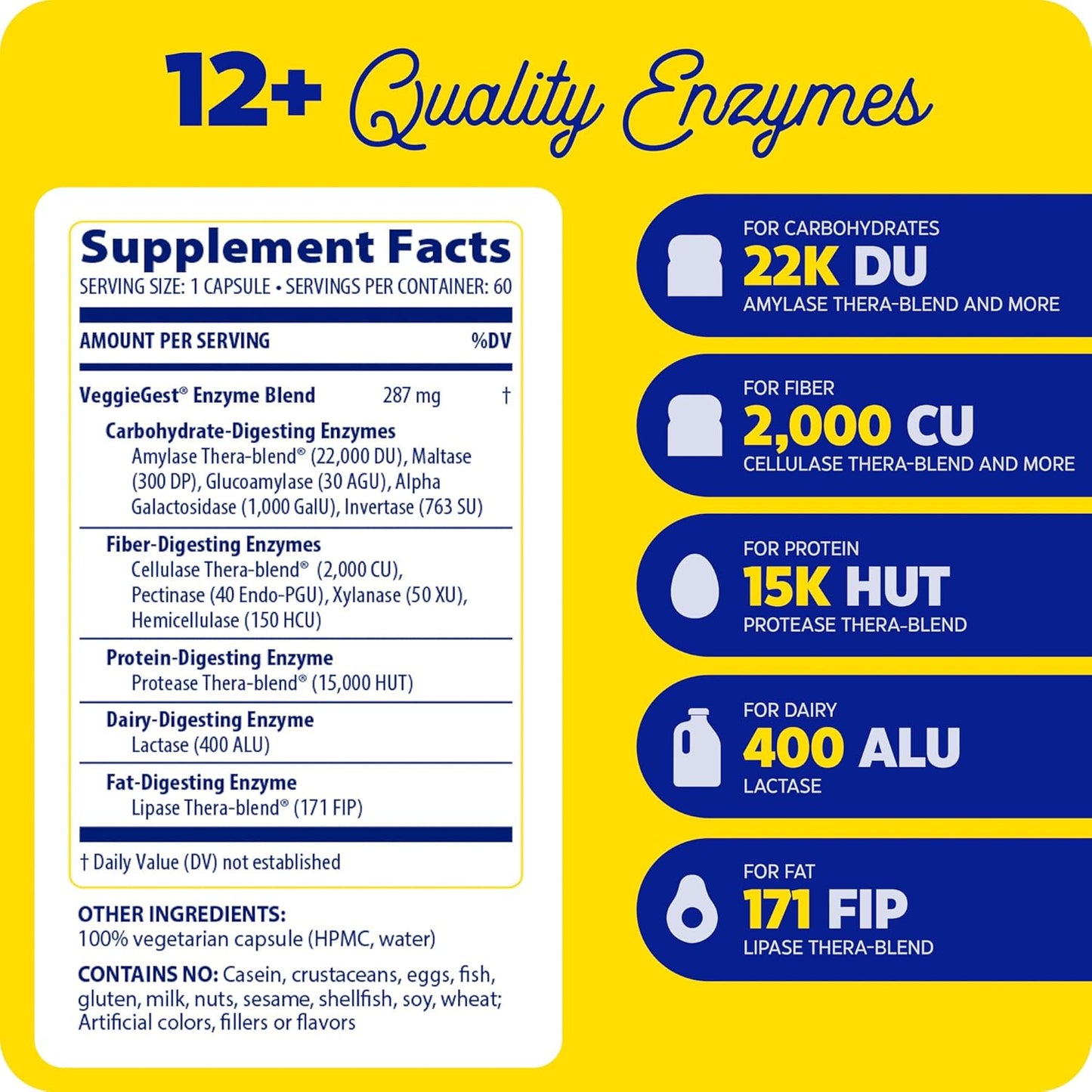 Enzymedica VeggieGest Digestive Enzymes - Vegan & Vegetarian Diet Support, Gas & Bloating Relief - 60 Count