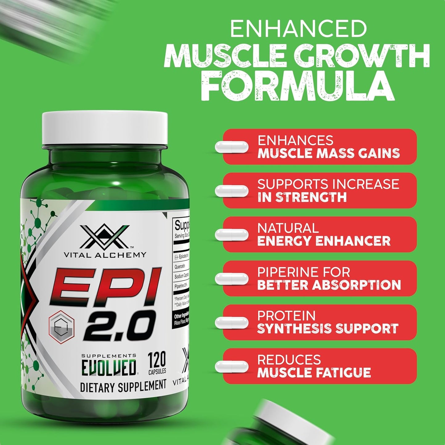Epi 2.0 Muscle Mass Gainer & Strength Booster with Epicatechin, Quercetin, and Piperine - Joint Support - 120 Capsules
