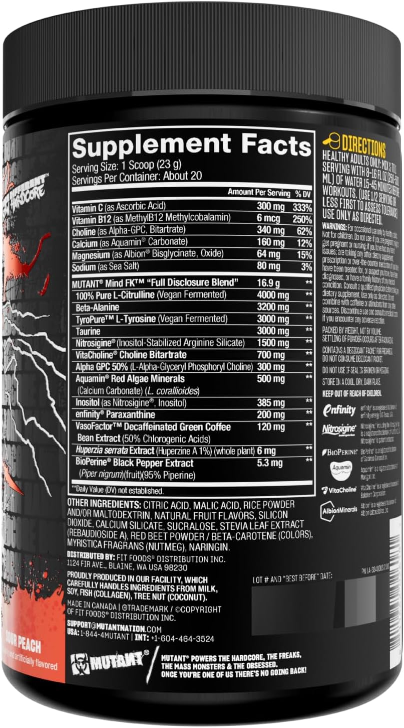 Epic Nootropic Pre-Workout Supplement for Mental Focus - Sour Peach Flavor - 20 Servings - 460g