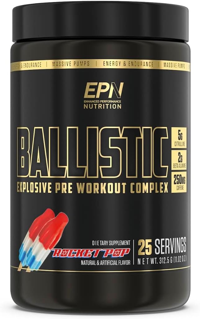 EPN Supplements BALLISTIC Pre Workout Powder with Nitric Oxide Booster, Electrolytes, Caffeine & Nootropics - Rocket Pop Flavor