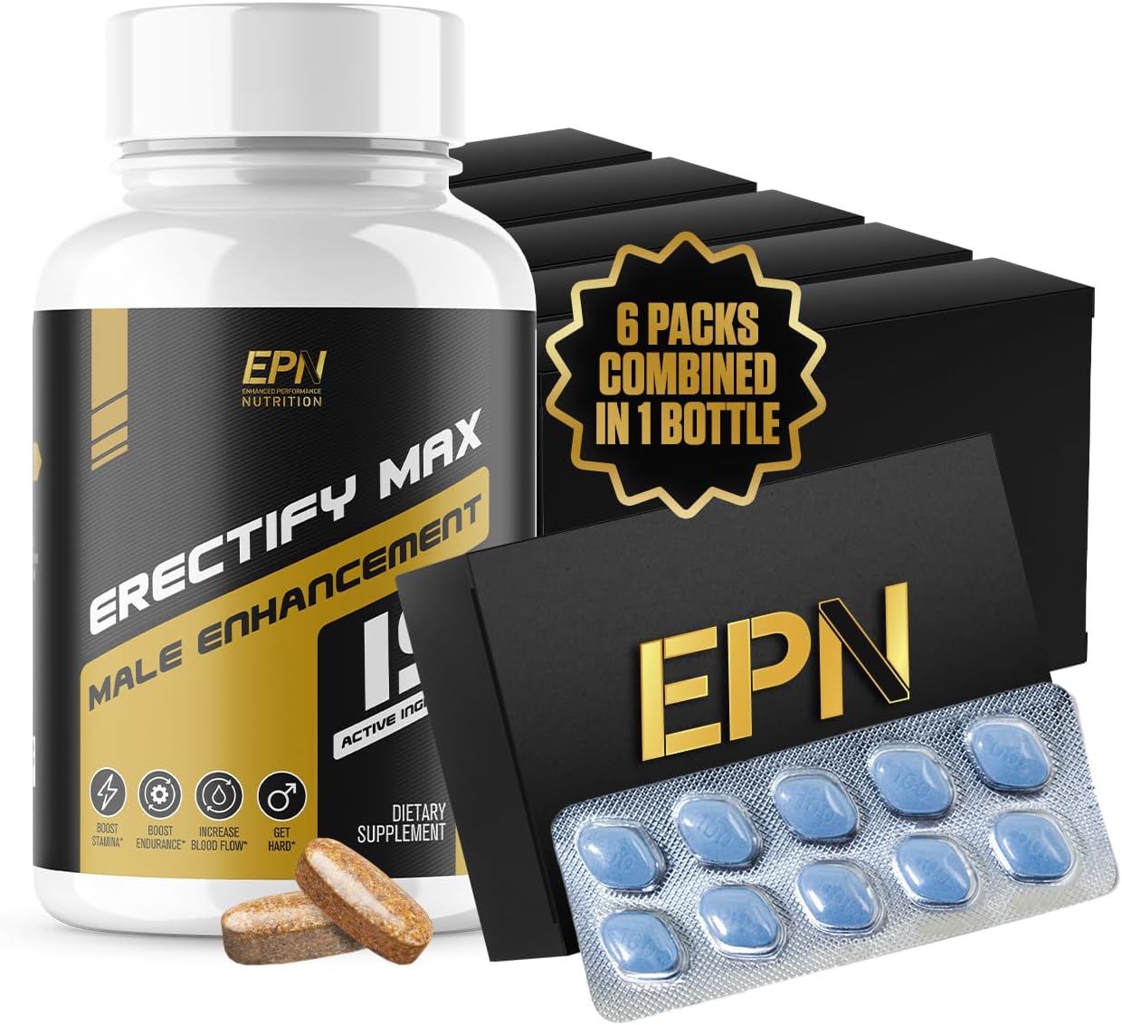 EPN Supplements ERECTIFY MAX Pills for Men - Fast Acting Male Enhancement with Horny Goat Weed & 18 Ingredients - 60 Pills