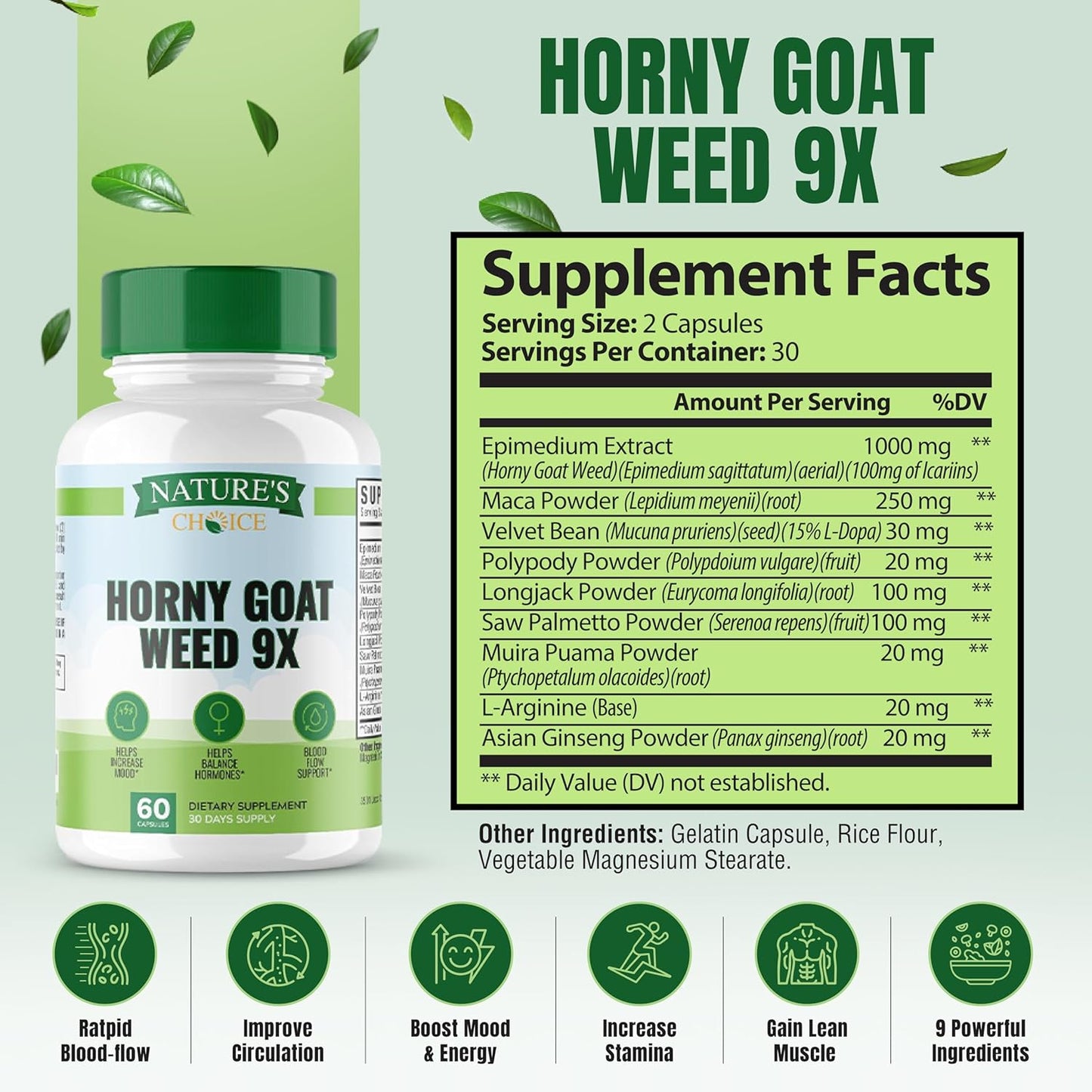 EPN Supplements Horny Goat Weed with 9x Active Ingredients for Blood Flow, Hormone Balance, Energy, and Stamina - 60 Capsules, 3rd Party Tested