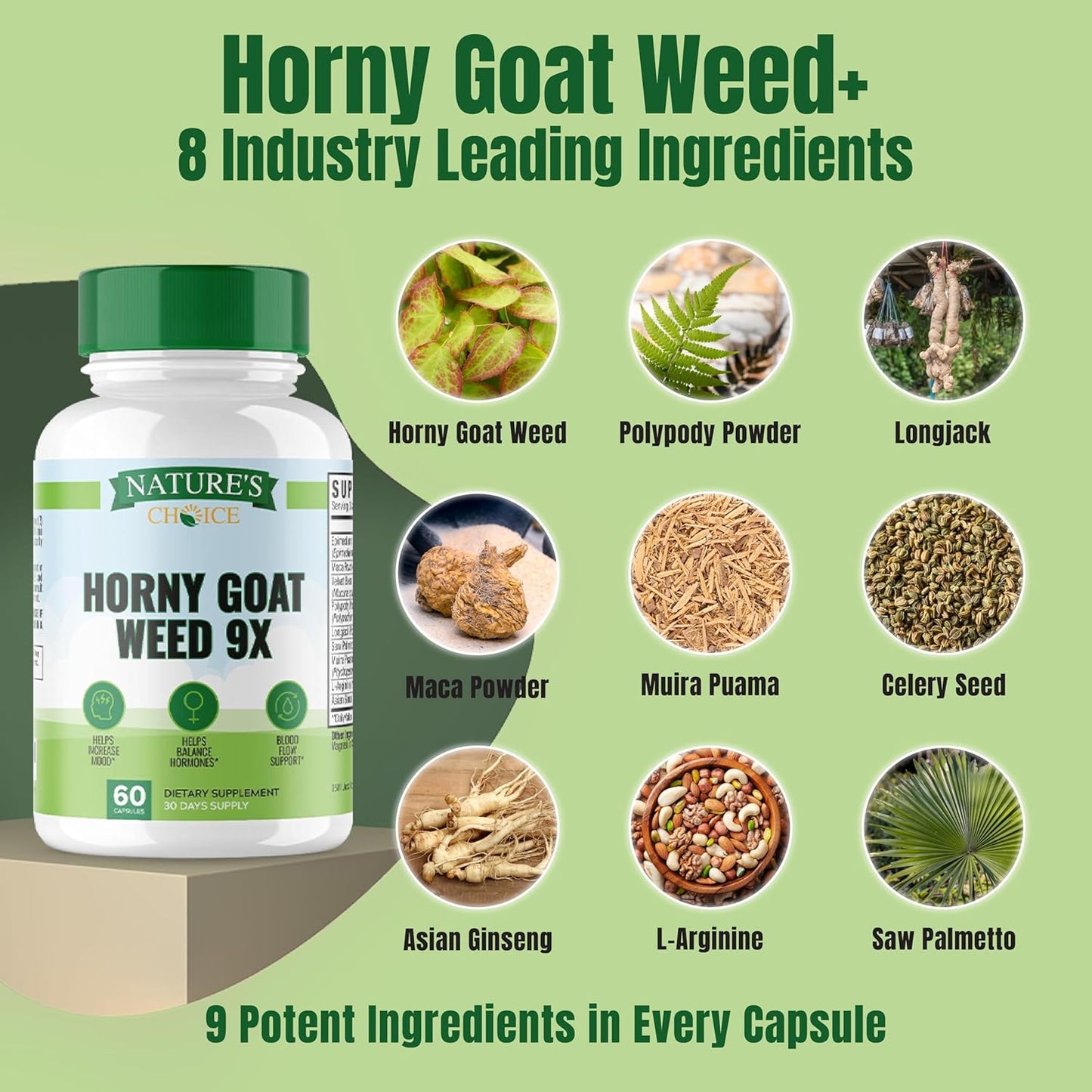 EPN Supplements Horny Goat Weed with 9x Active Ingredients for Blood Flow, Hormone Balance, Energy, and Stamina - 60 Capsules, 3rd Party Tested