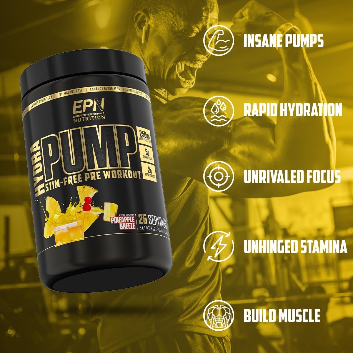 EPN Supplements HydraPump: Top-Rated Caffeine-Free Pre Workout Powder with Nitric Oxide Booster, Electrolytes, and Nootropics for Enhanced Pumps, Focus, Stamina, Muscle Growth, and Hydration - Pineapple Blast Flavor