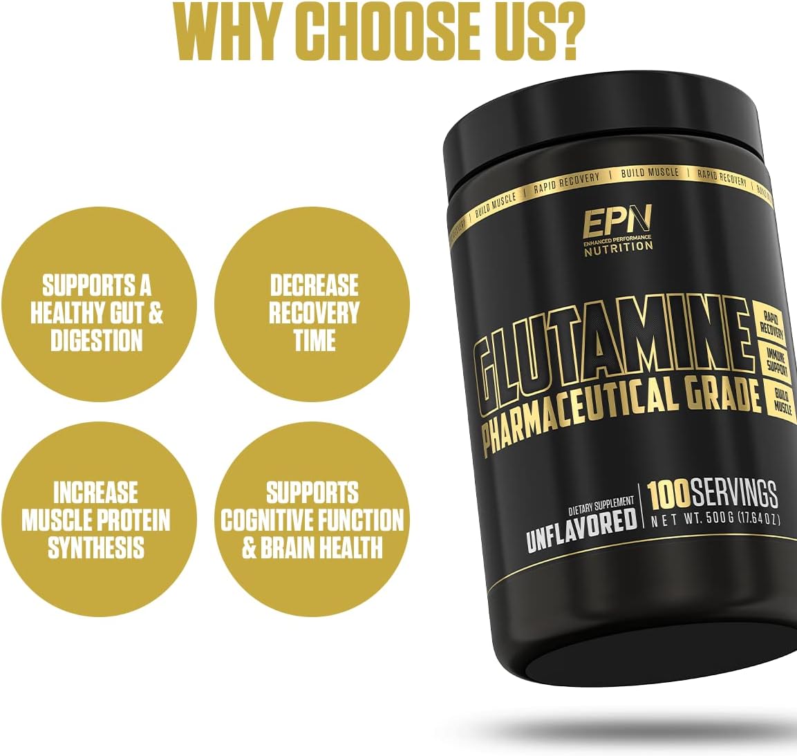 EPN Supplements L-Glutamine Powder | Pharmaceutical Grade, 100 Servings | Muscle Building, Recovery, Gut Health, Immune Support | Unflavored