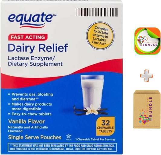 Equate Fast Acting Dairy Relief Lactase Enzyme Chewable Tablets 32 Count Pack with Bonus Sticker