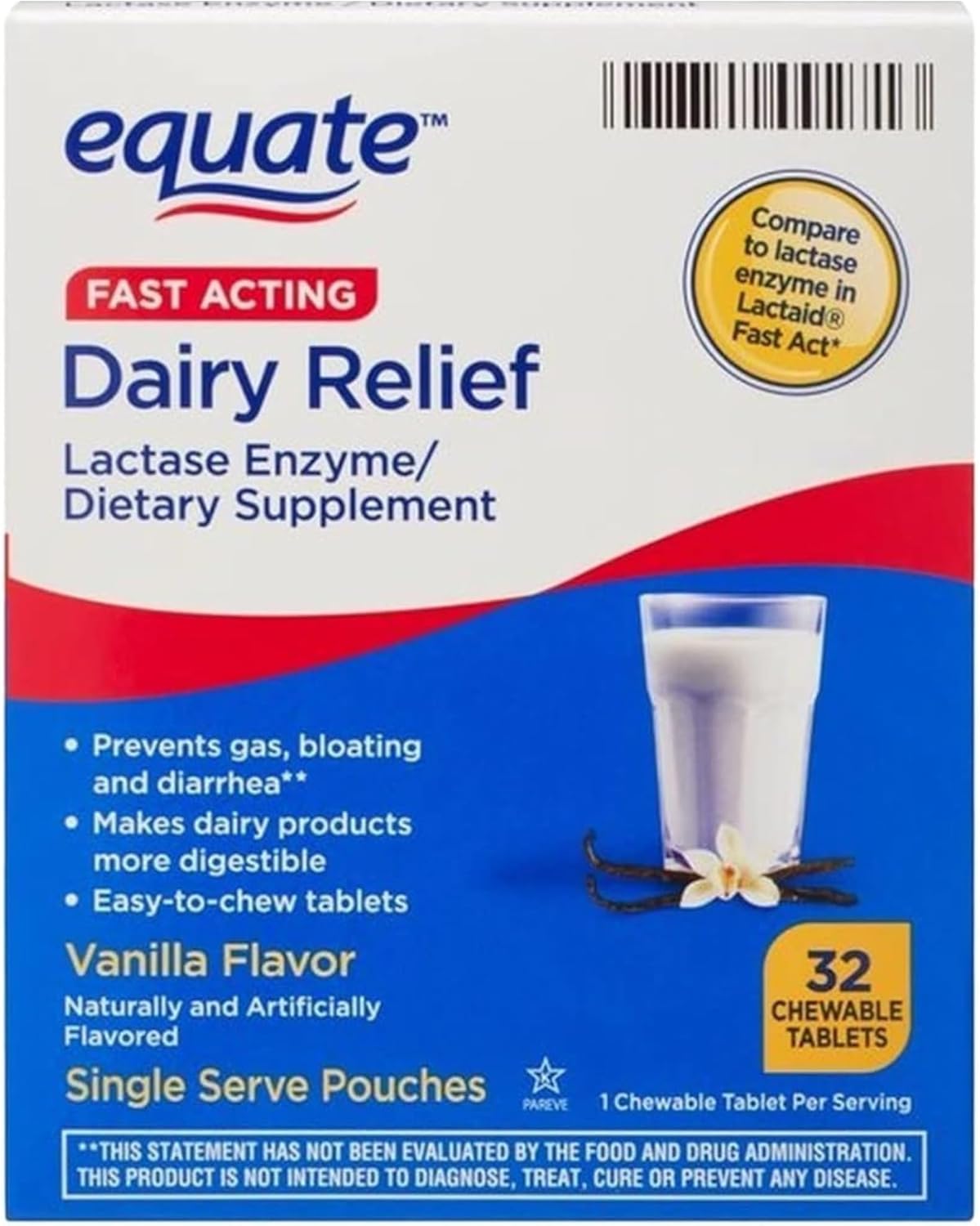 Equate Fast Acting Dairy Relief Lactase Enzyme Chewable Tablets 32 Count Pack with Bonus Sticker
