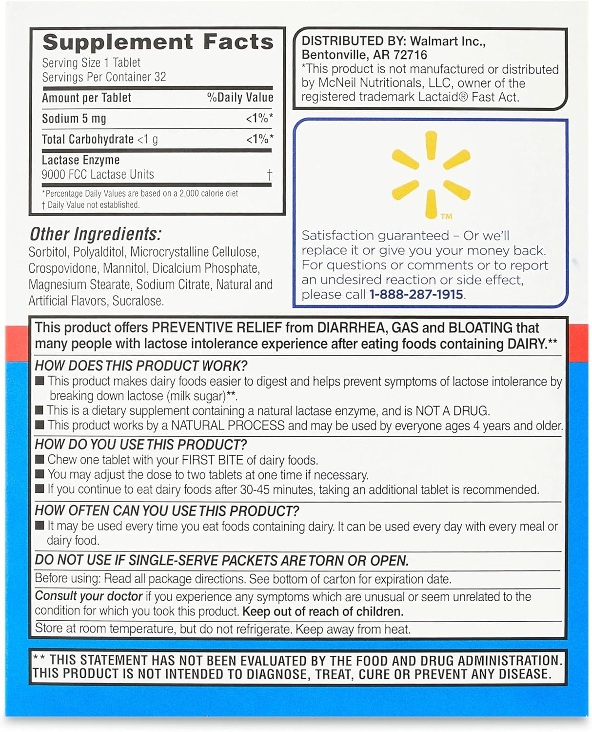 Equate Fast Acting Dairy Relief Lactase Enzyme Chewable Tablets 32 Count Pack with Bonus Sticker