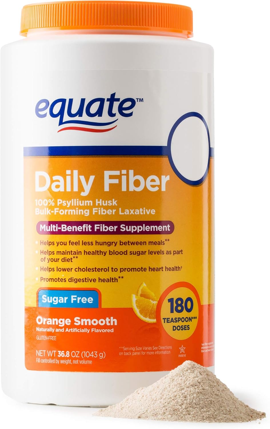 Equate Fiber Therapy Powder, 36.8 oz, Orange Flavor, Smooth Texture, Sugar Free - 180 Servings