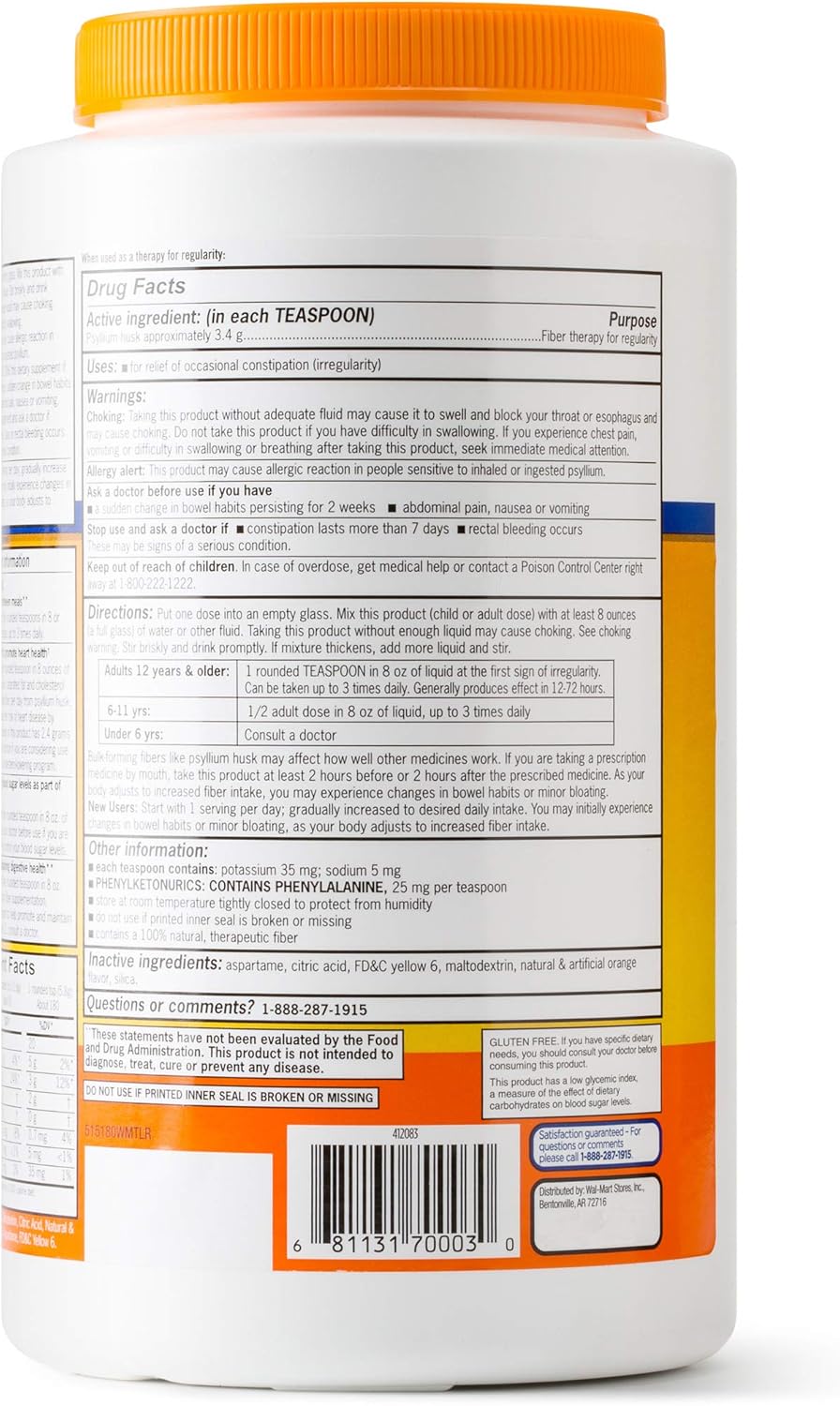 Equate Fiber Therapy Powder, 36.8 oz, Orange Flavor, Smooth Texture, Sugar Free - 180 Servings