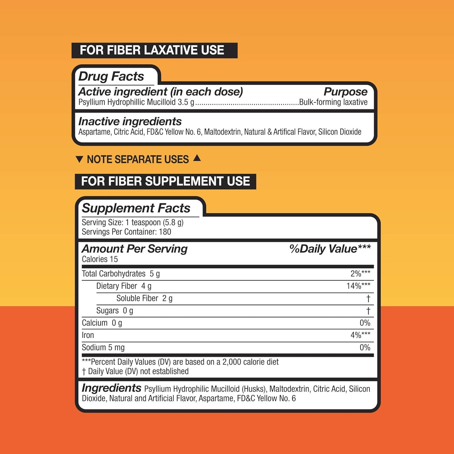 Equate Fiber Therapy Powder, 36.8 oz, Orange Flavor, Smooth Texture, Sugar Free - 180 Servings