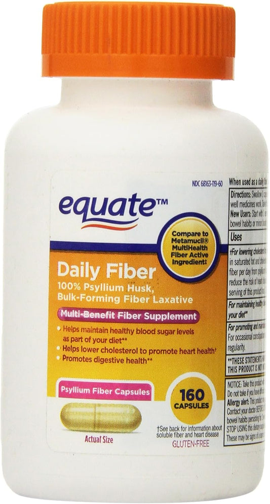 Equate Fiber Therapy Regularity Fiber Supplement Capsules - 160 Count Bottle for Digestive Health