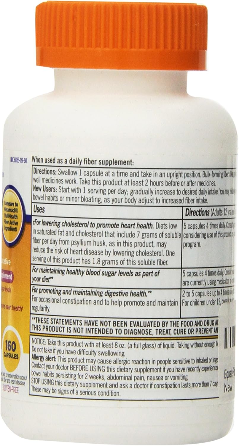 Equate Fiber Therapy Regularity Fiber Supplement Capsules - 160 Count Bottle for Digestive Health