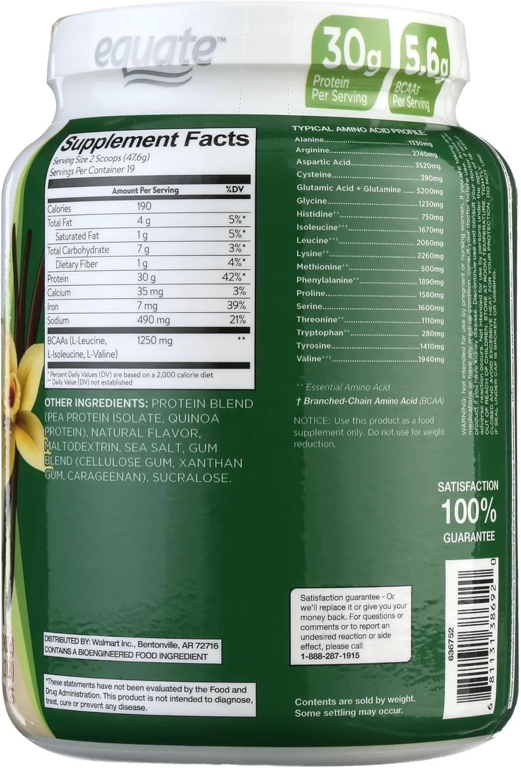 Equate Plant-Based Protein Powder, Vanilla, 2 lbs - Vegan, Gluten-Free with Amino Acids for Muscle Growth & Energy Boosts