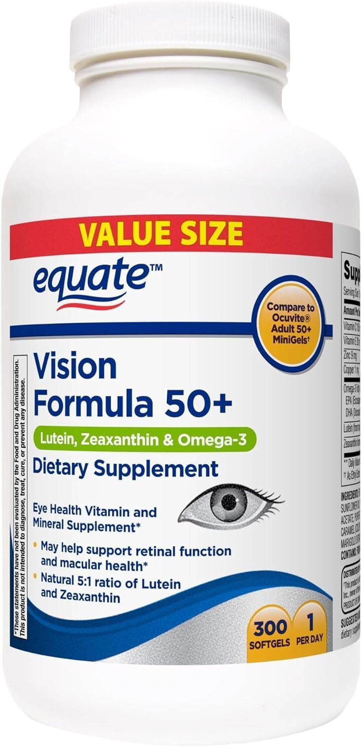 Equate Vision Formula 50+ Softgels with Lutein, Zeaxanthin, and Omega 3 | 300 Count | Supports Retinal Function and Macular Health