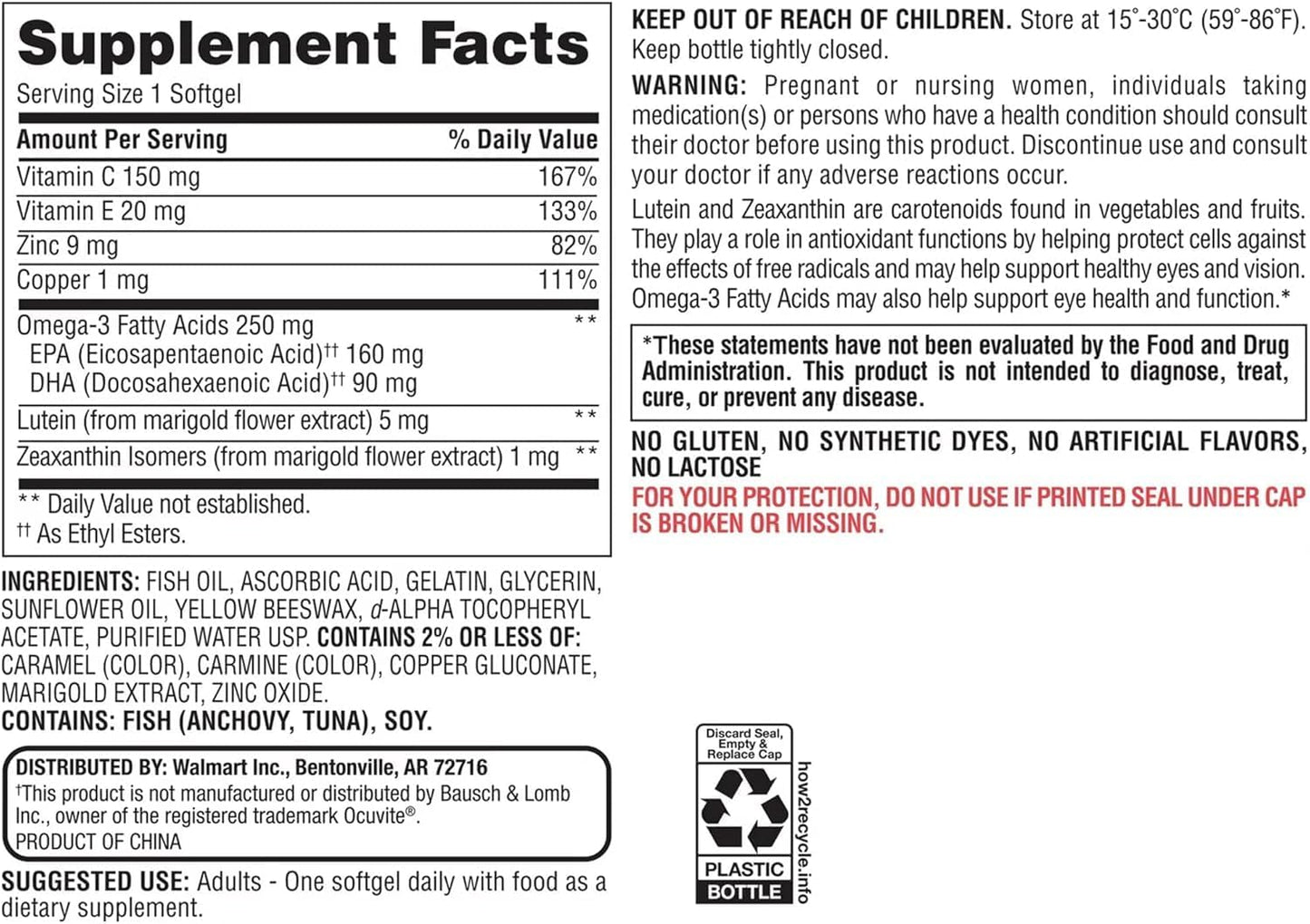 Equate Vision Formula 50+ Softgels with Lutein, Zeaxanthin, and Omega 3 | 300 Count | Supports Retinal Function and Macular Health