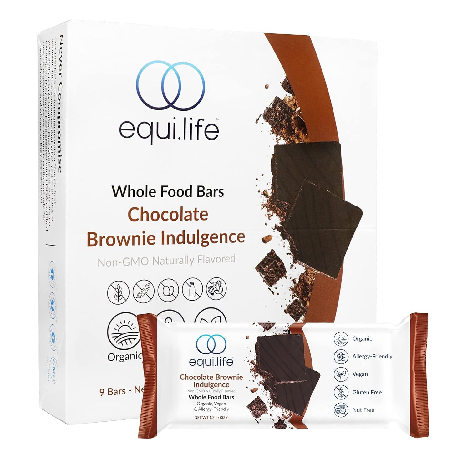 EquiLife Chocolate Brownie Whole Food Bars - Paleo & Vegan Protein Bars with 6g of Protein, Under 200 Calories, Organic Nutrition Bars, Travel-Size, Gluten-Free, Soy-Free - 9 Count