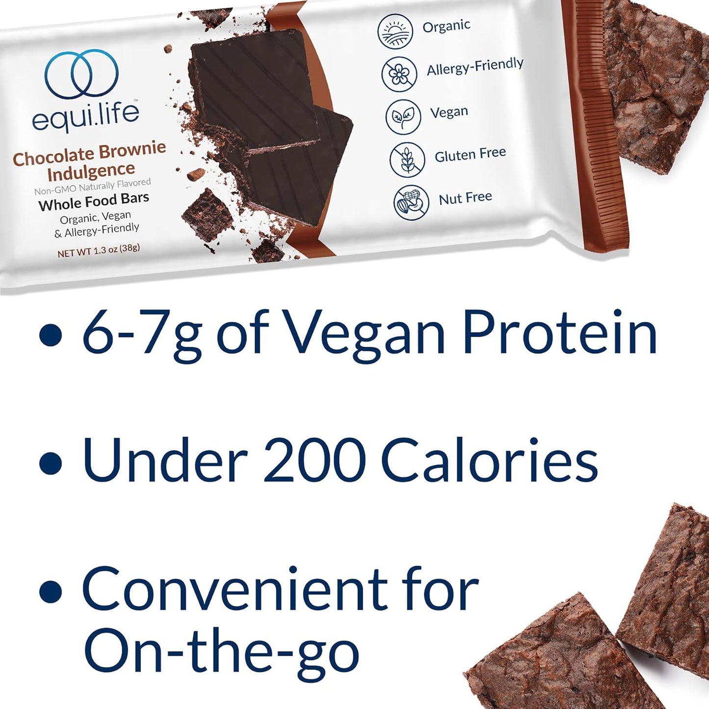 EquiLife Chocolate Brownie Whole Food Bars - Paleo & Vegan Protein Bars with 6g of Protein, Under 200 Calories, Organic Nutrition Bars, Travel-Size, Gluten-Free, Soy-Free - 9 Count