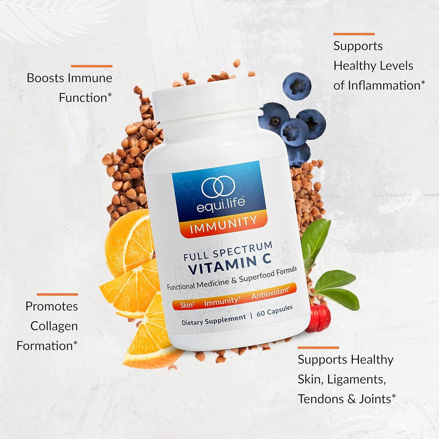 Equilife Immune Support Supplement with Full Spectrum Vitamin C - Antioxidant Boost for Skin Health, 60 Capsules