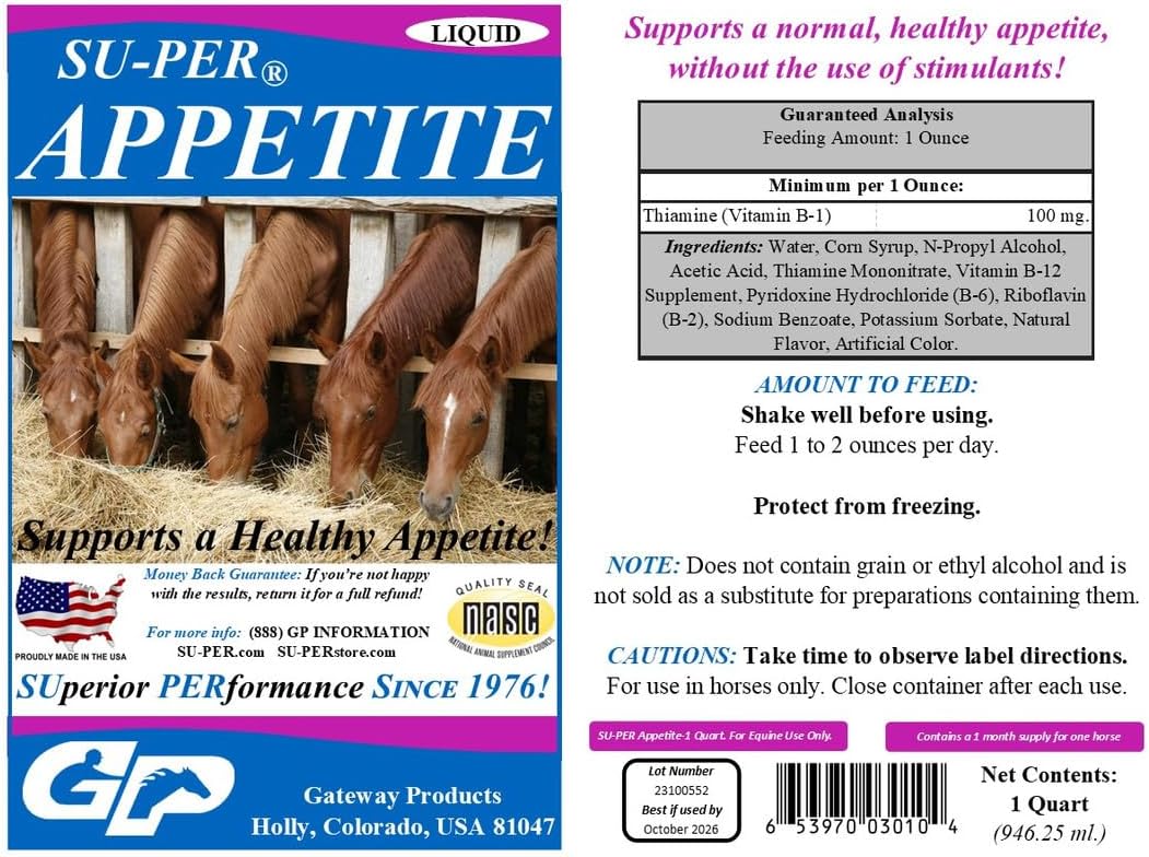 Equine Appetite Booster Liquid Feed Supplement - Vitamin Support for Healthy Appetite - 1 Quart, (2 Pack) - SU-PER Horse Appetite Supplement