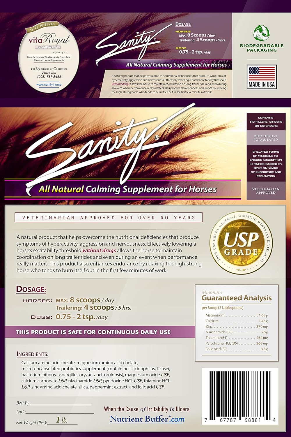 Equine Calming Focus Supplement with Magnesium, Zinc, B Vitamins, and Amino Acids