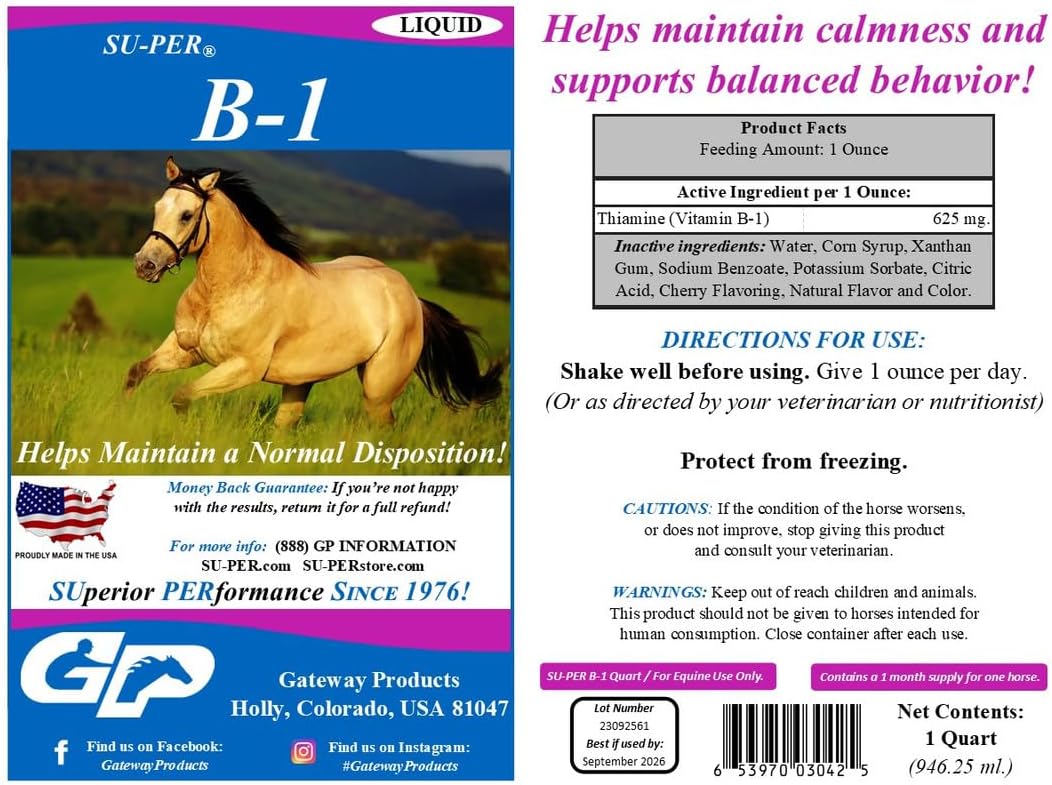 Equine Calming Liquid Supplement with Vitamin B-1 - Horse Calmer and Appetite Booster - 1 Quart, (2 Pack)