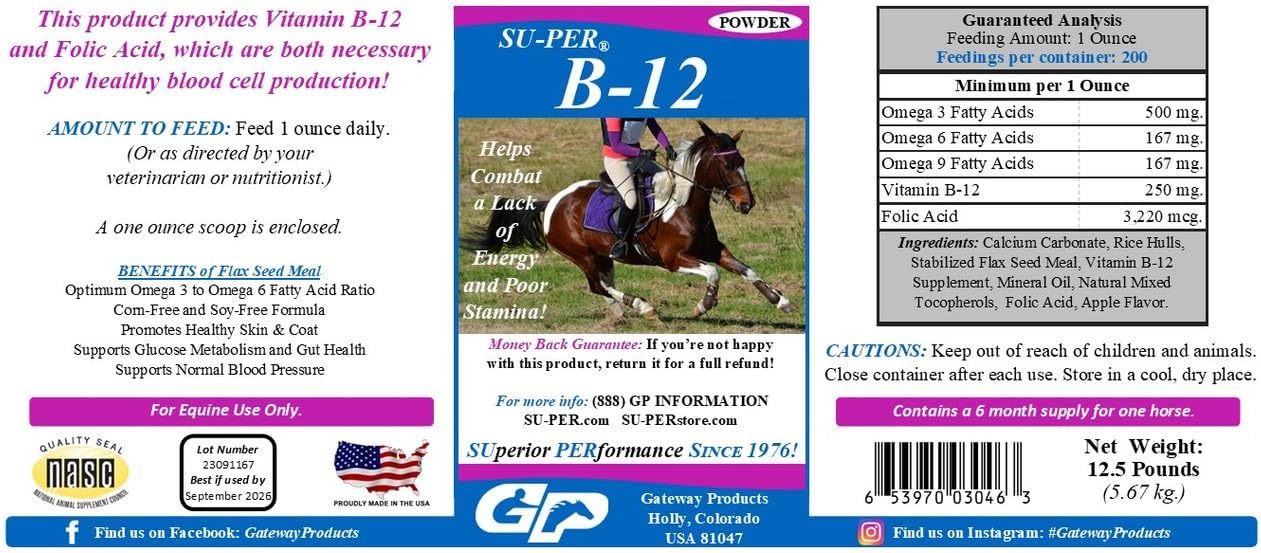 Equine Energy Supplement with B-12 & Folic Acid - 6 Month Supply - 12.5 lb Powder