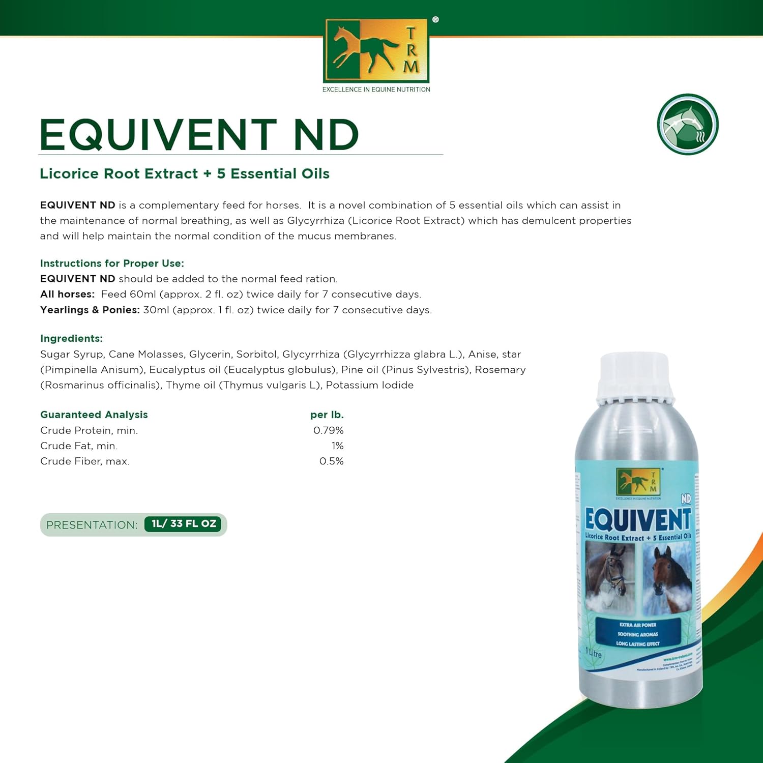 Equine Liquid Supplement with 5 Essential Oils for Respiratory Health - 33.8 fl oz (1 Liter)