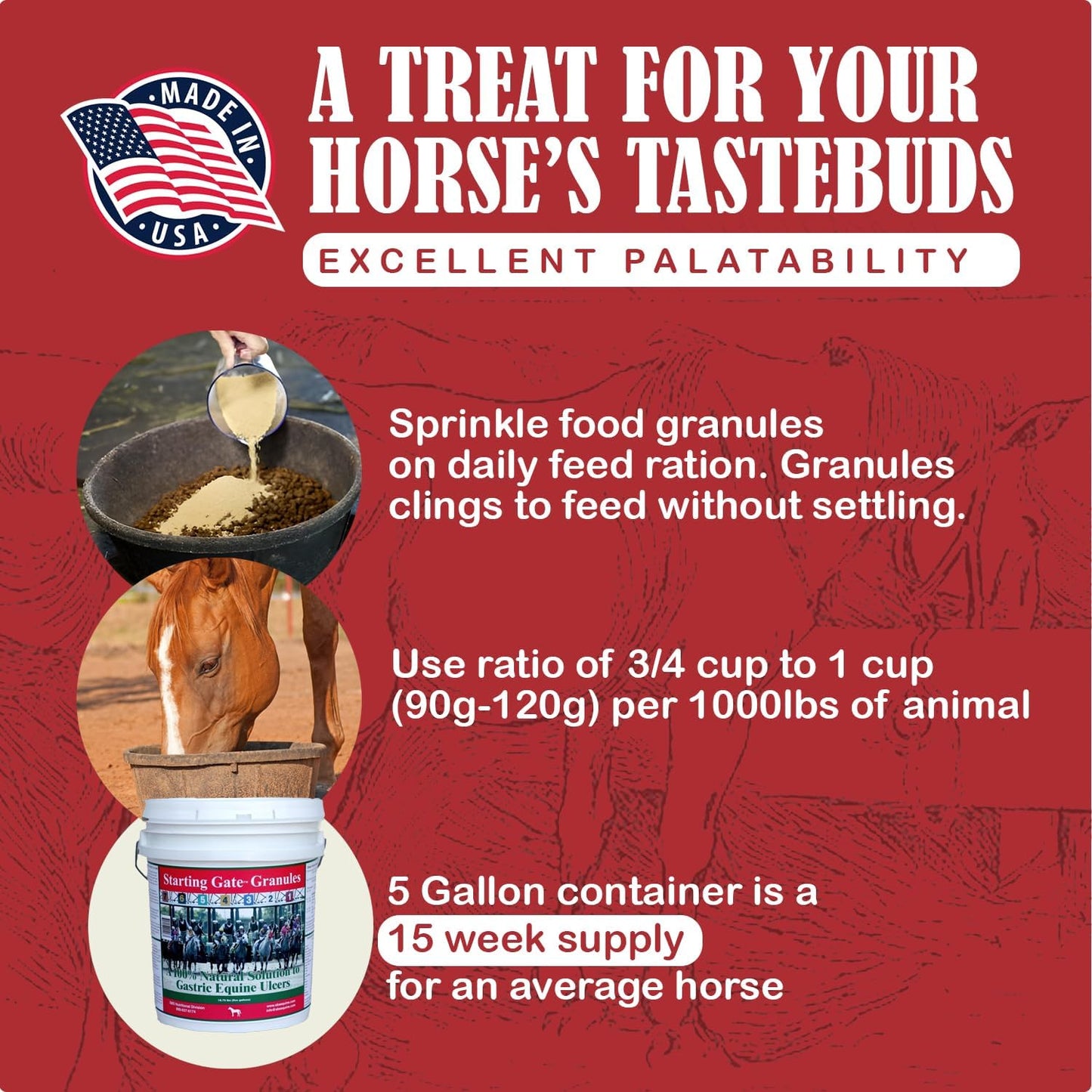 Equine Starting Gate Granules: Calming Horse Supplement for Gastric Ulcers (5-Gallon Pail, 15-Week Supply)