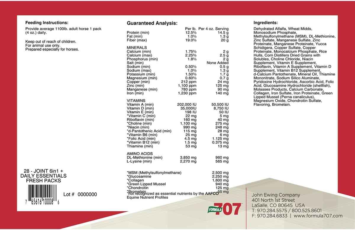Equine Supplement: Formula 707 Joint 6in1 + Daily Essentials Combo Fresh Packs, 28 Day Supply - Green-Lipped Mussel, Glucosamine, Chondroitin, Collagen, Bromelain, MSM & Vitamins